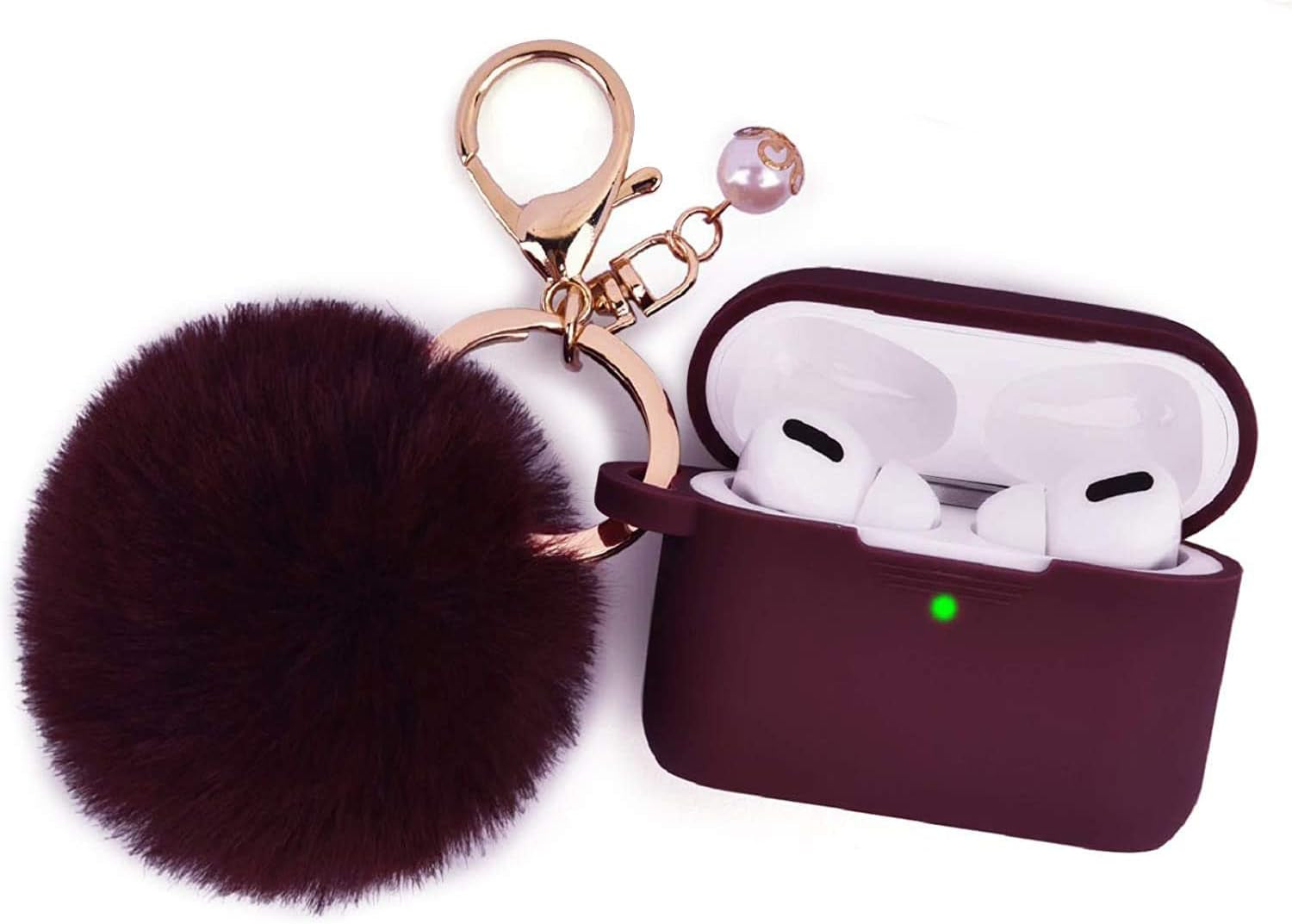 Compatible with Airpods Pro 1St Generation Case, Soft Airpod Pro Case for Airpods Pro (2019), Cute Protective Silicone Case Accessories with Pompom Keychain for Women Girl(Burgundy)