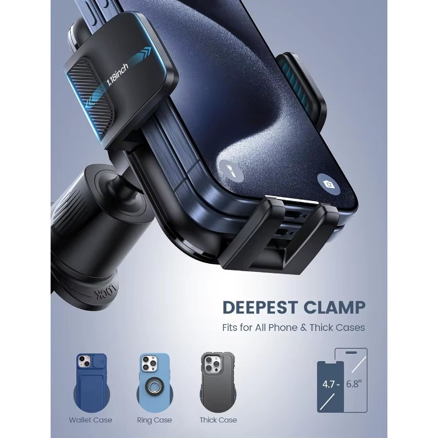 2025 Wider Clamp and Metal Hook Car Phone Holder with Thick Cases Friendly Design for Iphone 17 16 15 14 13 Pro Max Universal A