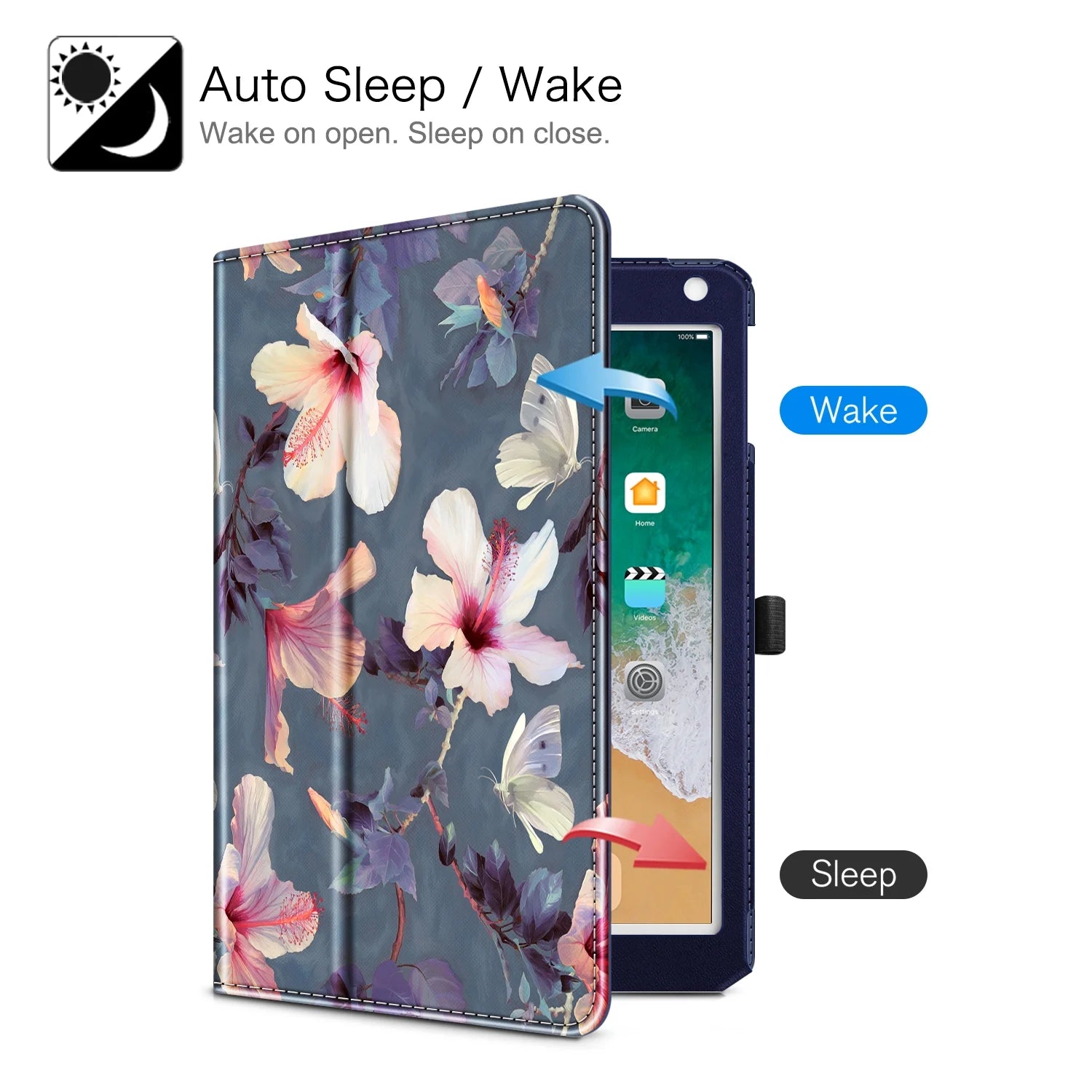 Case for Ipad 9.7 2018/2017, Ipad Air 2, Ipad Air - Slim Fit Vegan Leather Folio Stand Cover for Ipad 6Th / 5Th Gen, Ipad Air 1/2, Blooming Hibiscus