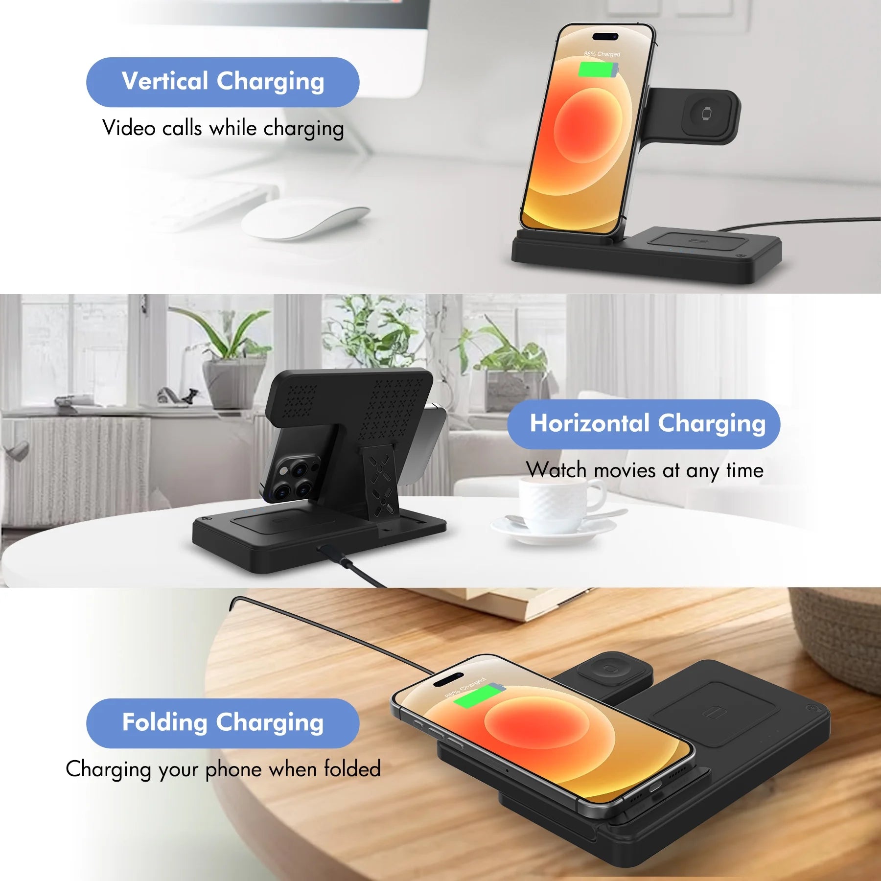15W Wireless Charger,3 in 1 Charging Station Compatible with Iphone 17 16 15 14 13 12 11 Pro Max plus XS XR X 8, Fast Charging Dock Compatible for Apple Watch&Airpods 4 3 Pro,No Adapter